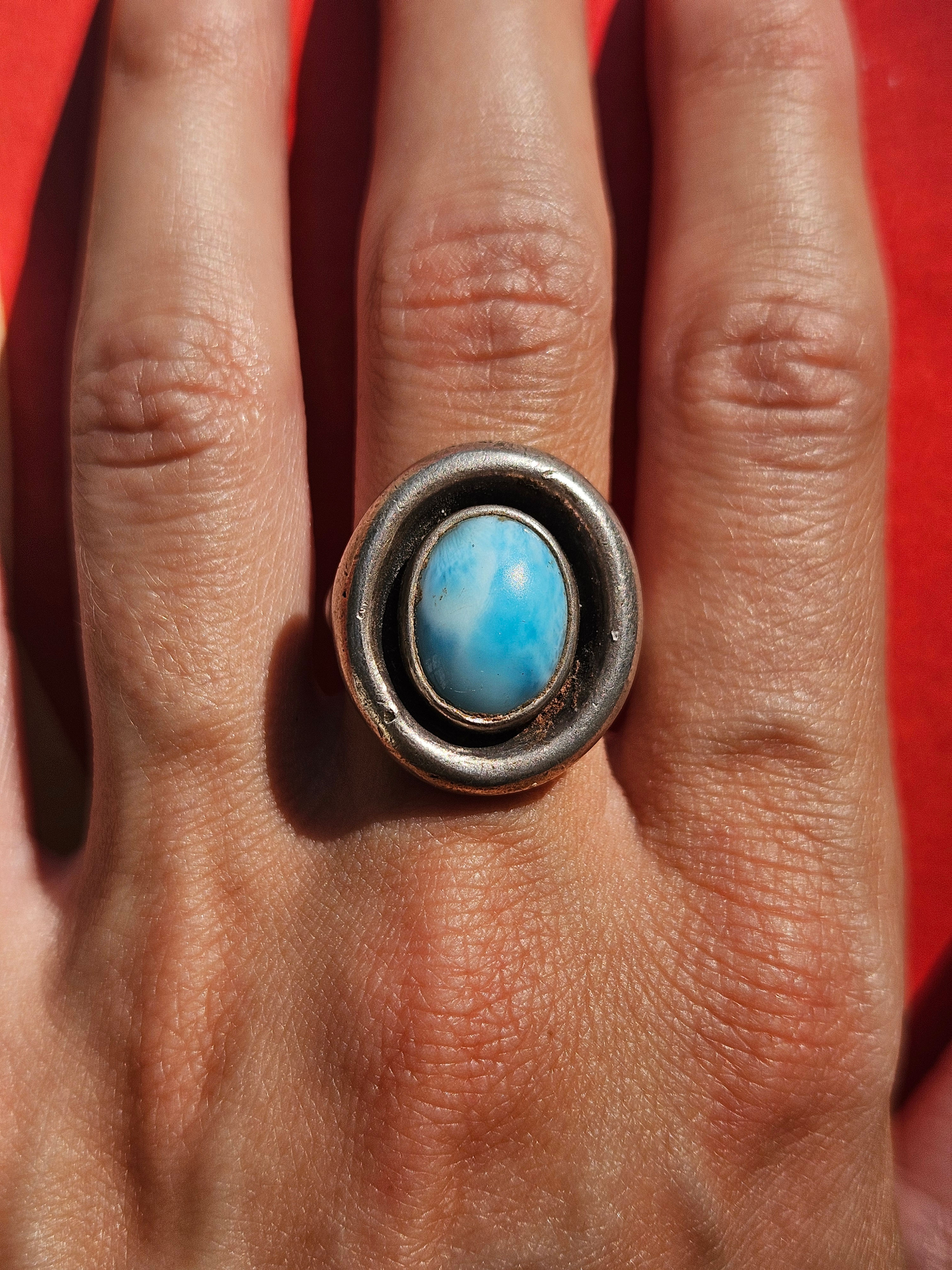 Vintage Sterling & Larimar Shadowbox Signet Ring - 9