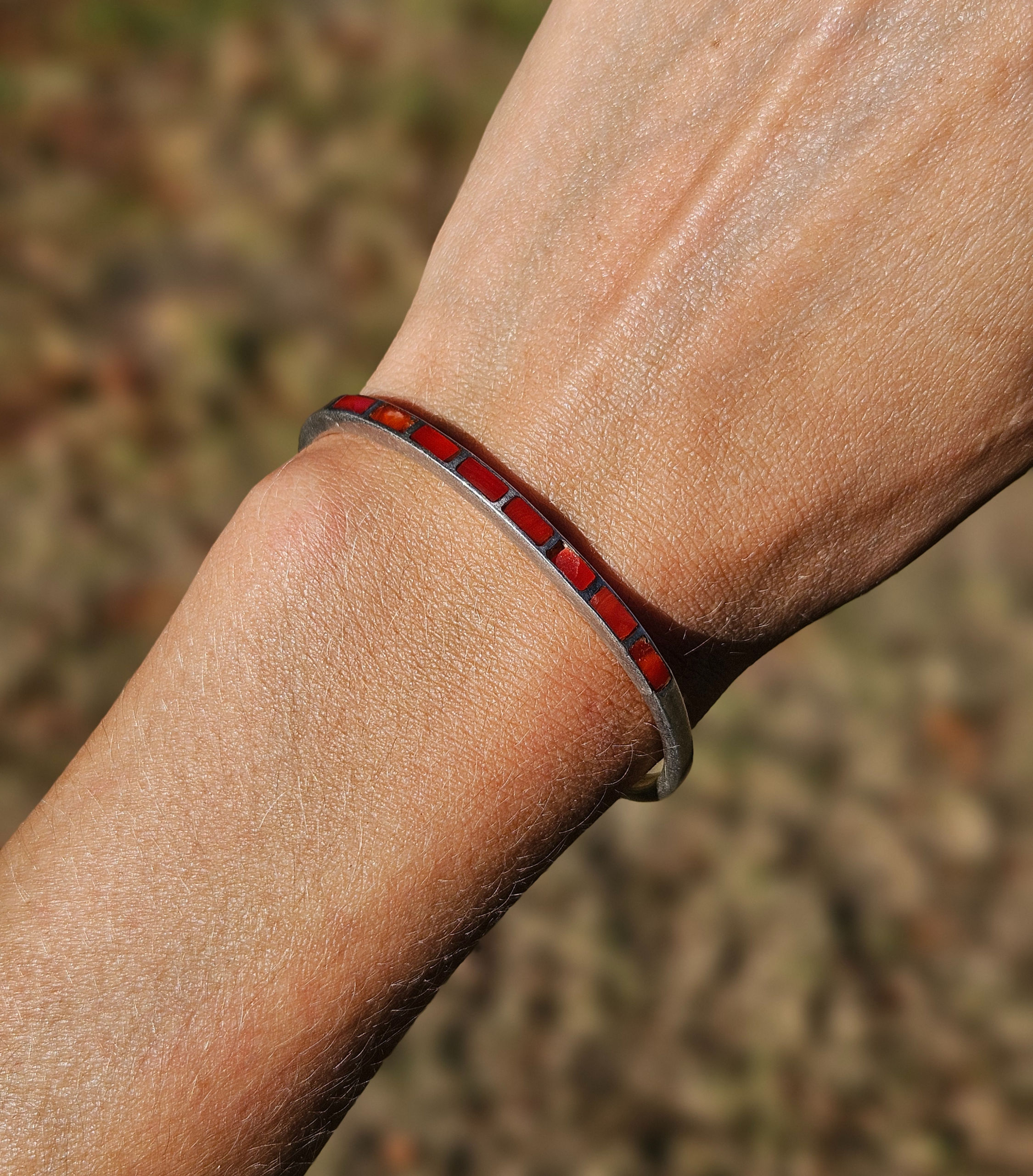 Vintage Sterling & Coral Channel-Inlay Cuff