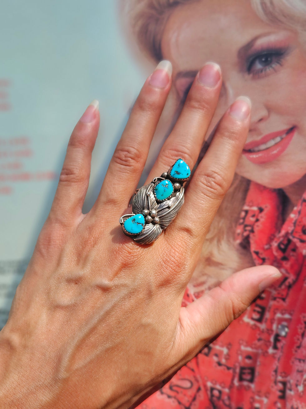 Thumbnail: Vintage Sterling & Turquoise Botanical Statement Ring - 9