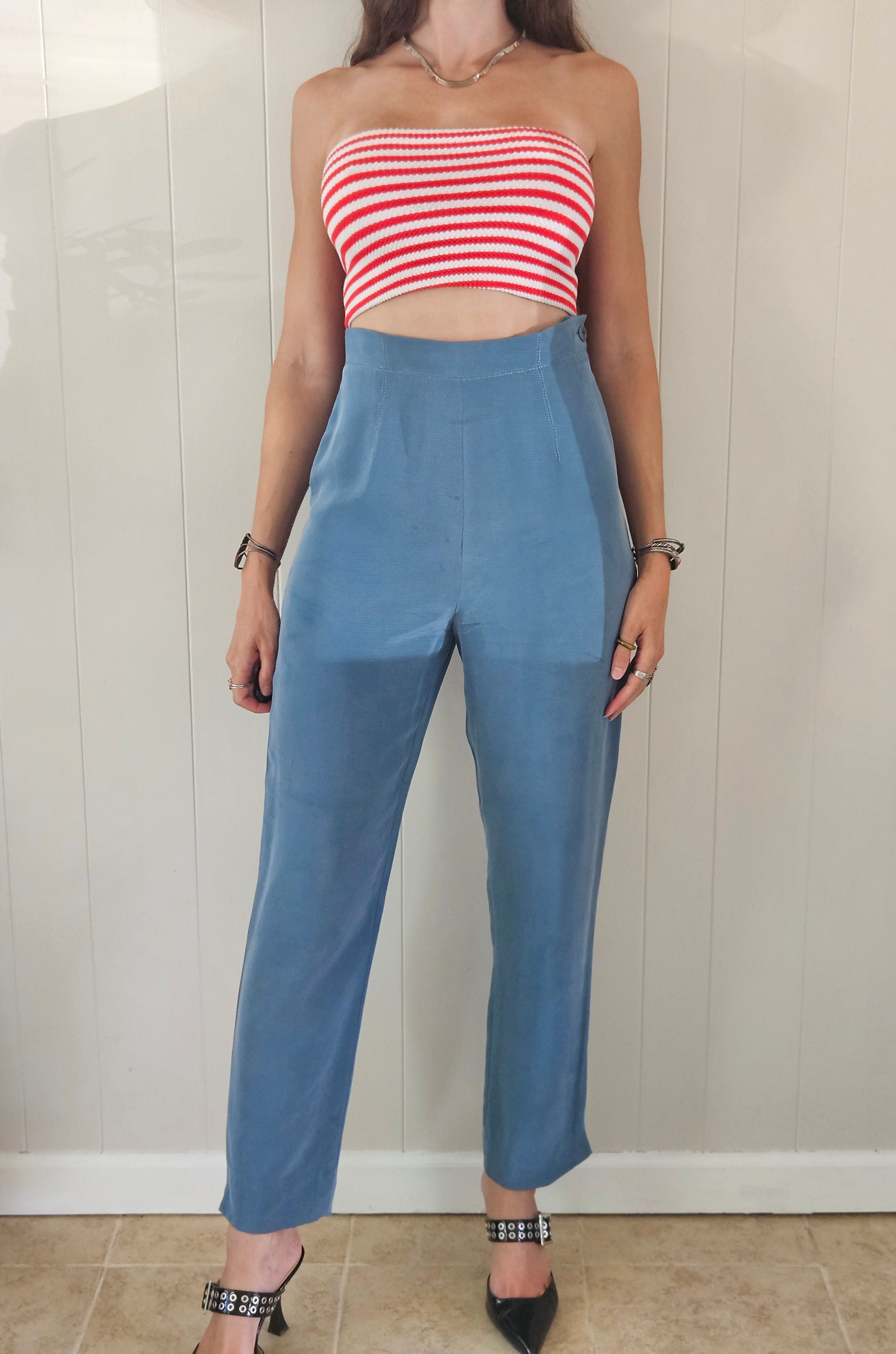 1990s Blue Silk High Waisted Trousers - 27"
