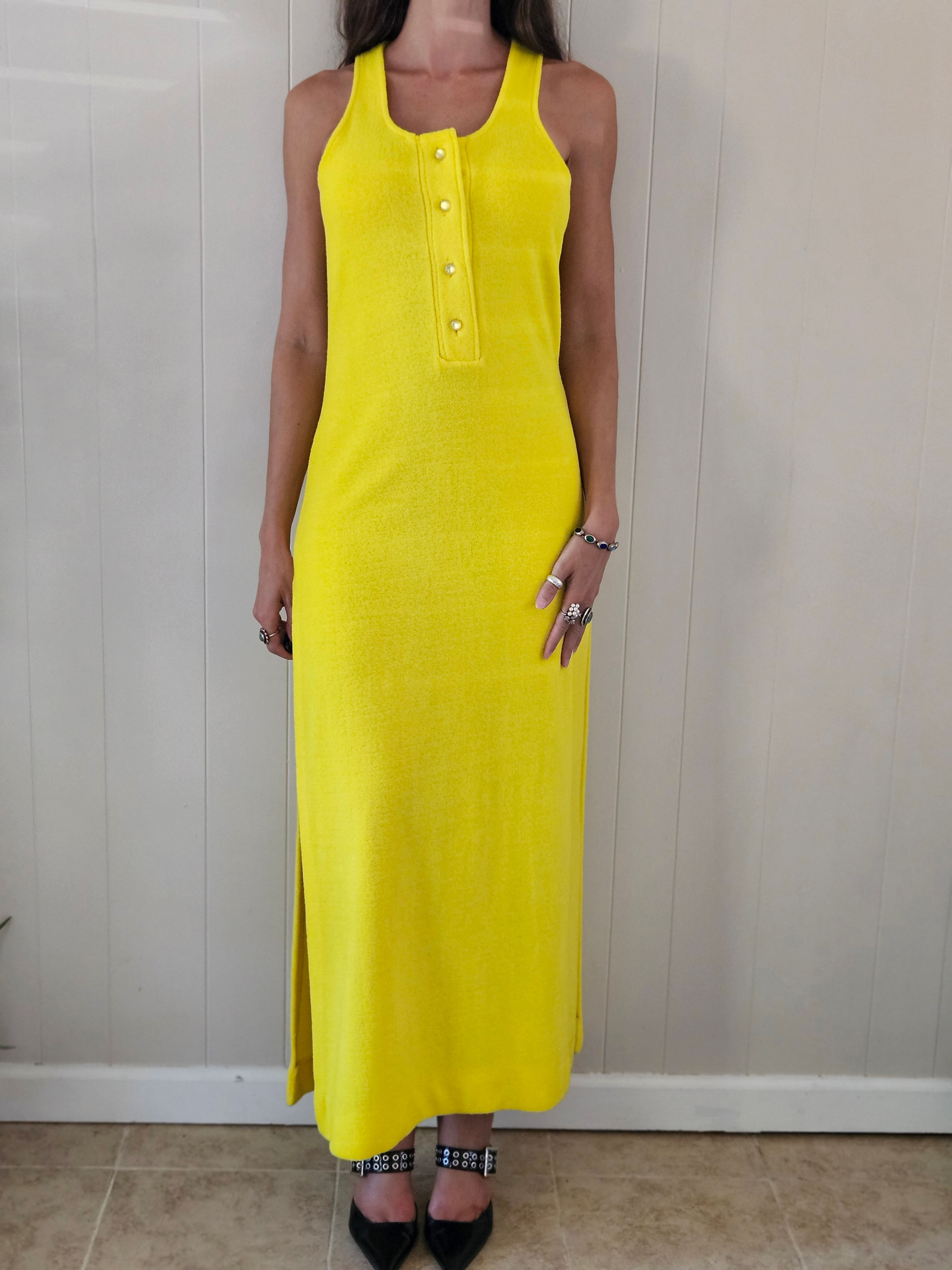1970s Lemon Yellow Terrycloth Swim Coverup Maxi Dress