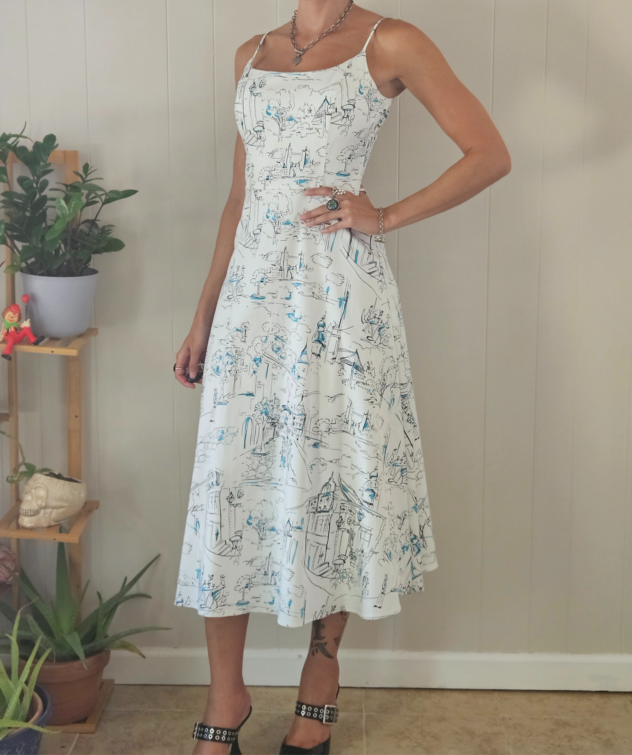 1990s Cotton Cityscape Toile Print Dress + Cardigan Set