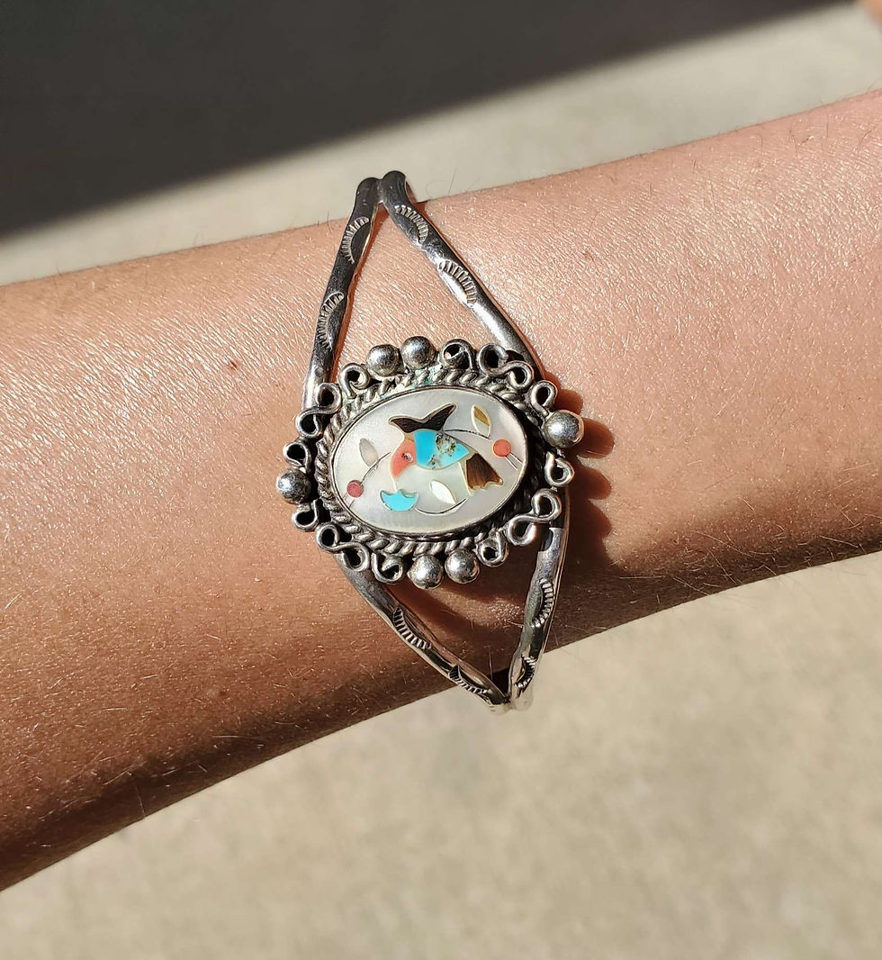 Vintage Sterling Zuni Inlay Hummingbird Cuff