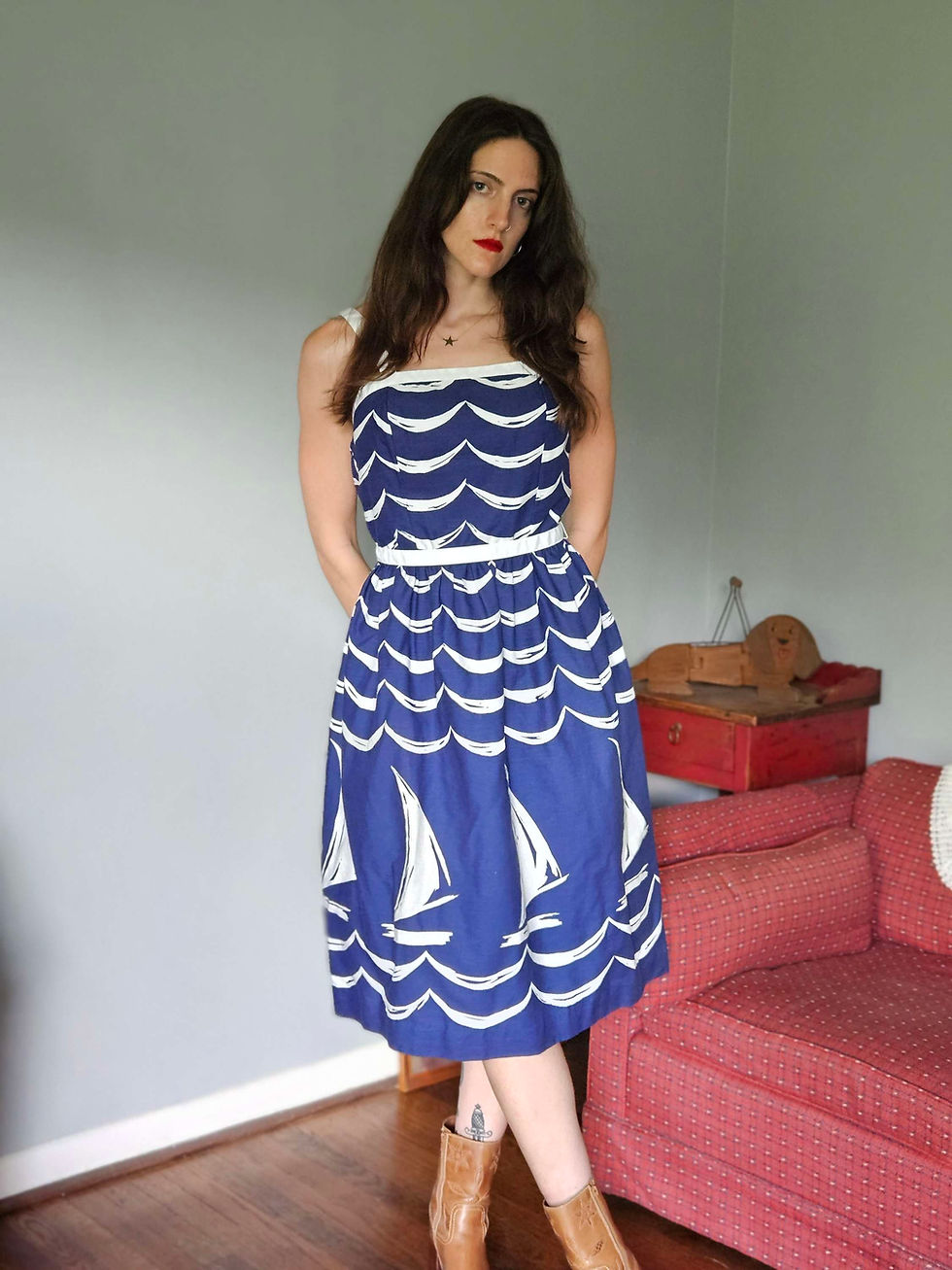 1970s Navy Novelty Print Sundress
