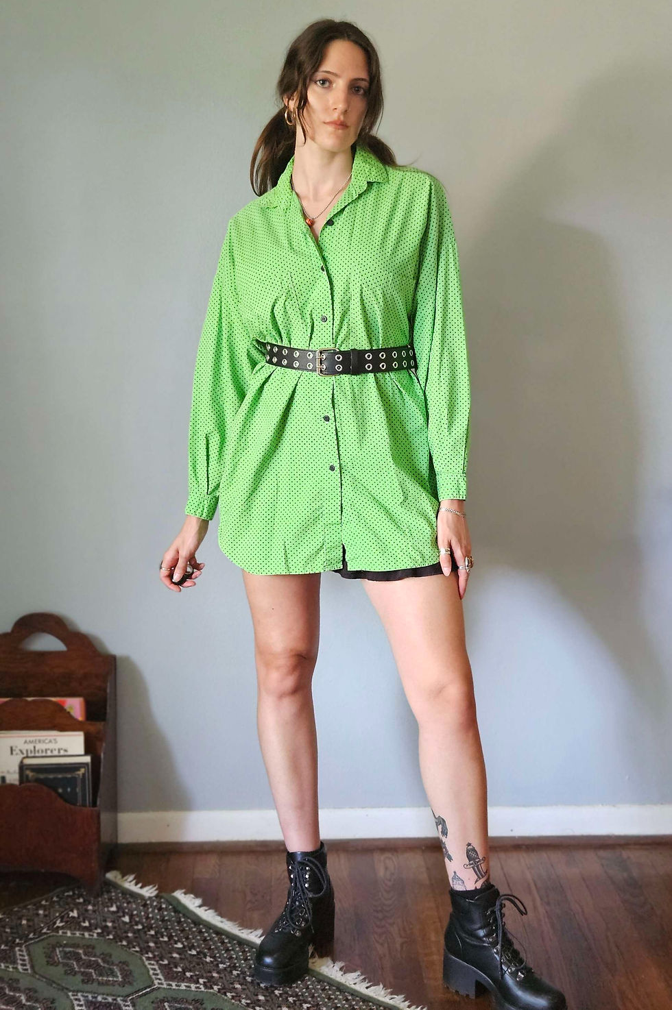 1980s Slime Green & Black Swiss Dot Button Up