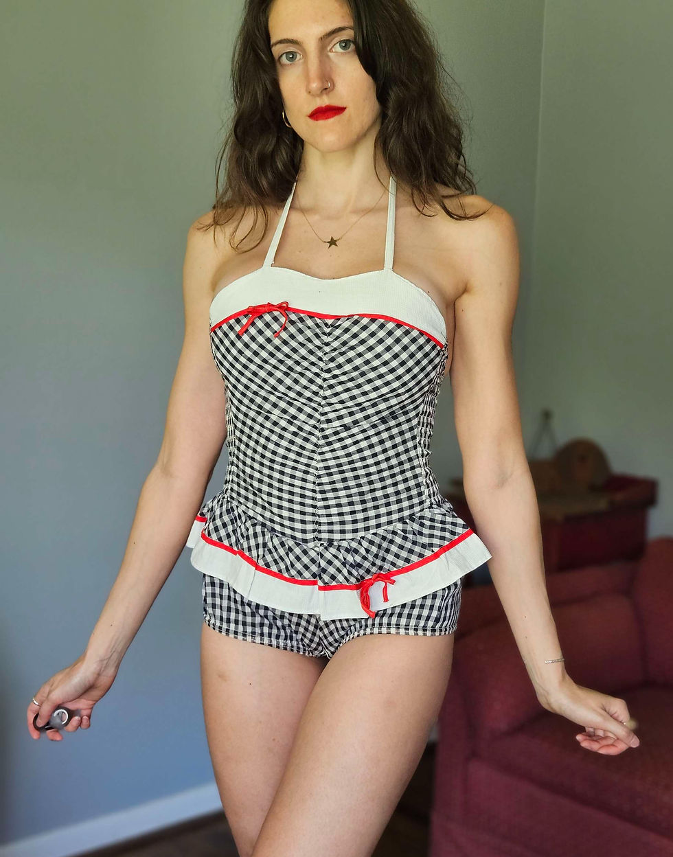 1960s Handmade Navy Gingham Swimsuit