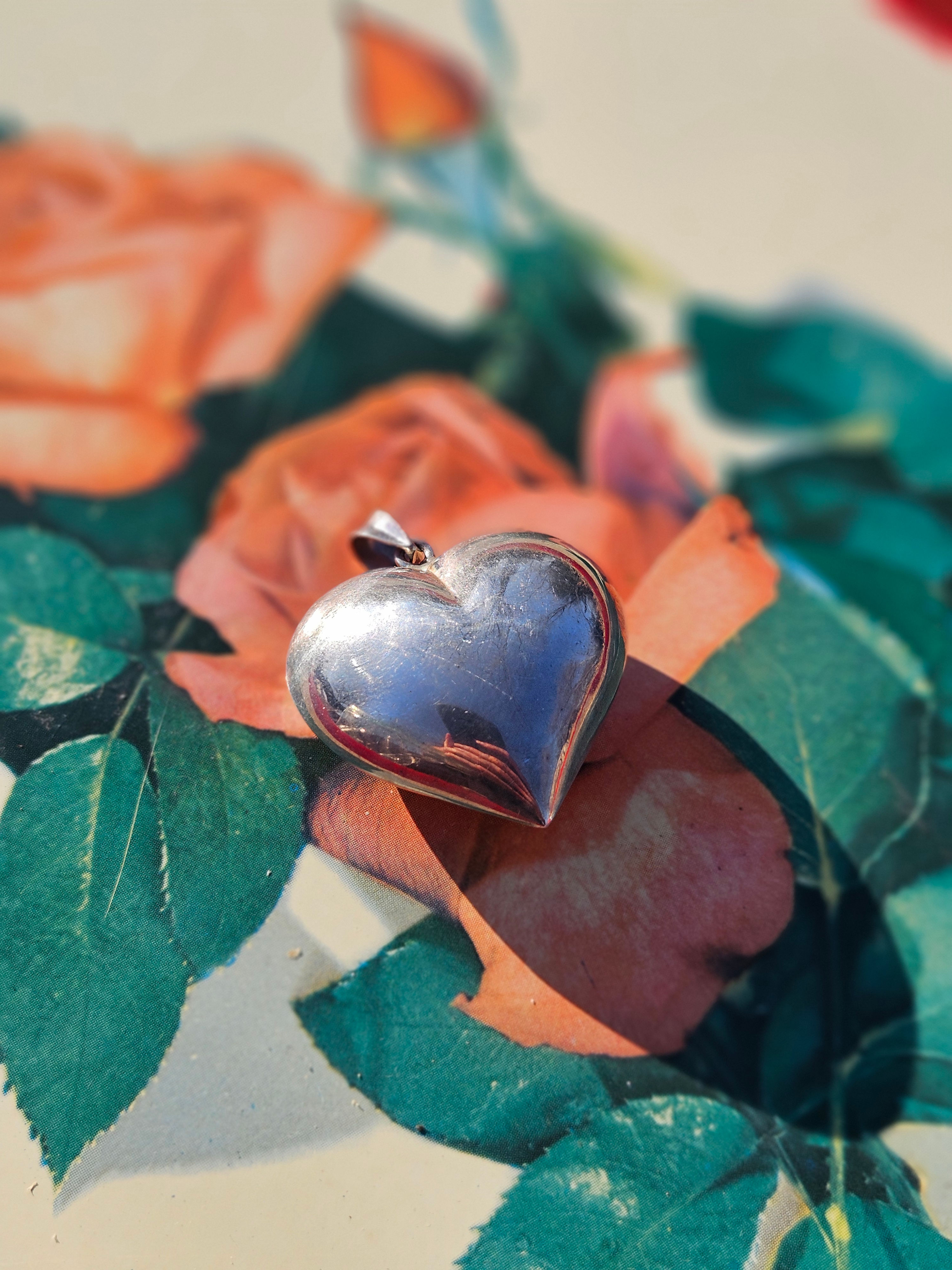 Vintage Chunky Sterling Puffy Heart Pendant 
