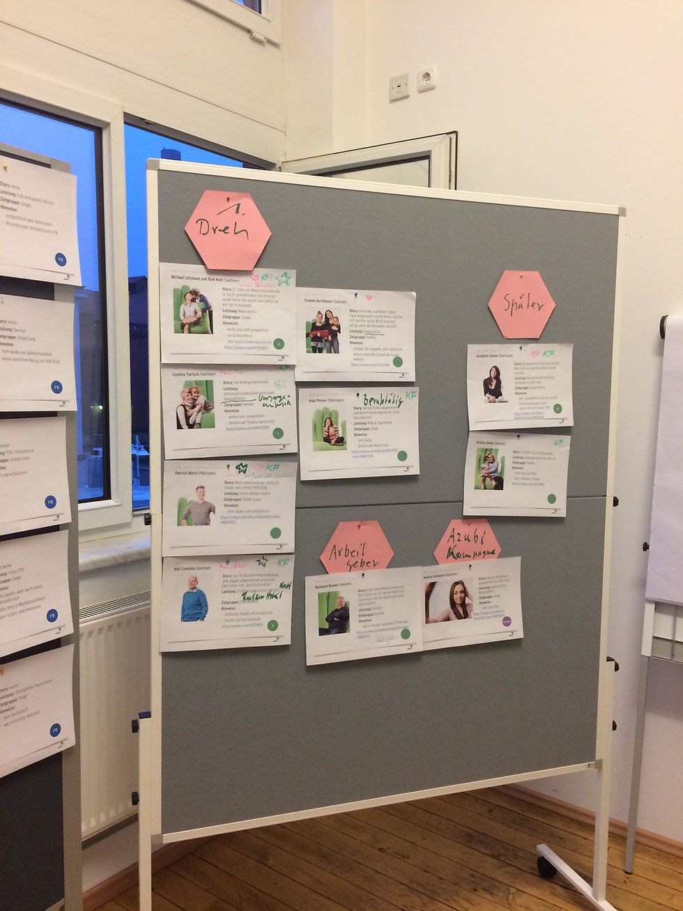 Storyboard-Wand mit Fotos und Kurzprofilen der Finalisten aus dem Casting-Prozess.