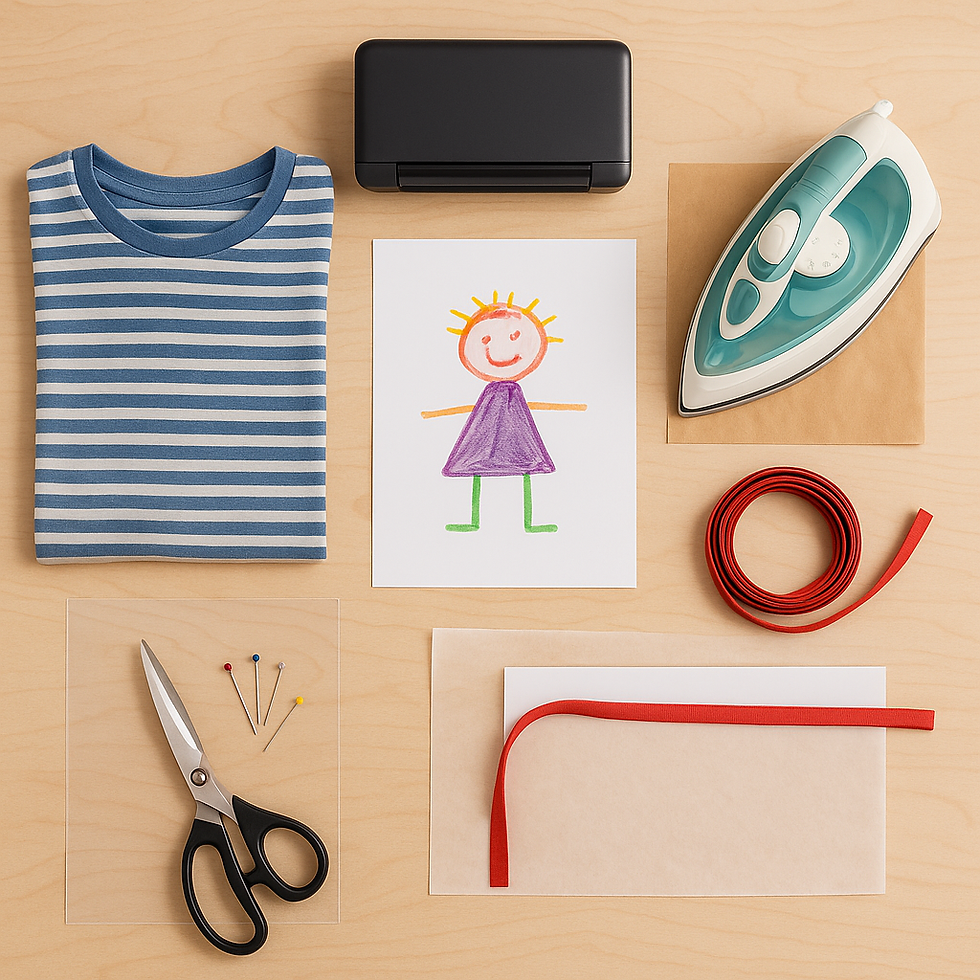 Materialien für eine DIY-Wimpelkette: gefaltetes Kinder-T-Shirt, Kinderzeichnung, Drucker, Bügeleisen, rotes Schrägband, Stoffschere, Stecknadeln, Backpapier und Klarsichtfolie – alles ordentlich auf einem Holztisch arrangiert.