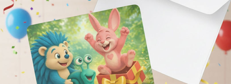 rainbowatch Geschenkkarte als E-Card und Postkarte für pädagogische Lernuhren und Kinder-Zubehör, farbenfrohes Design.