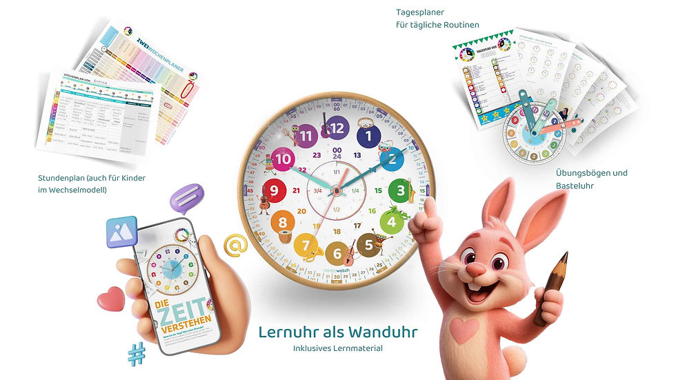 Collage mit zentral platzierter rainbowatch Lernuhr und verschiedenen unterstützenden Materialien wie Tagesplaner, Übungsbögen und Basteluhr. Ein fröhlicher Cartoon-Hase lädt Kinder ein, spielerisch die Uhr zu entdecken. Ideal für den Alltag und kindgerechtes Lernen.