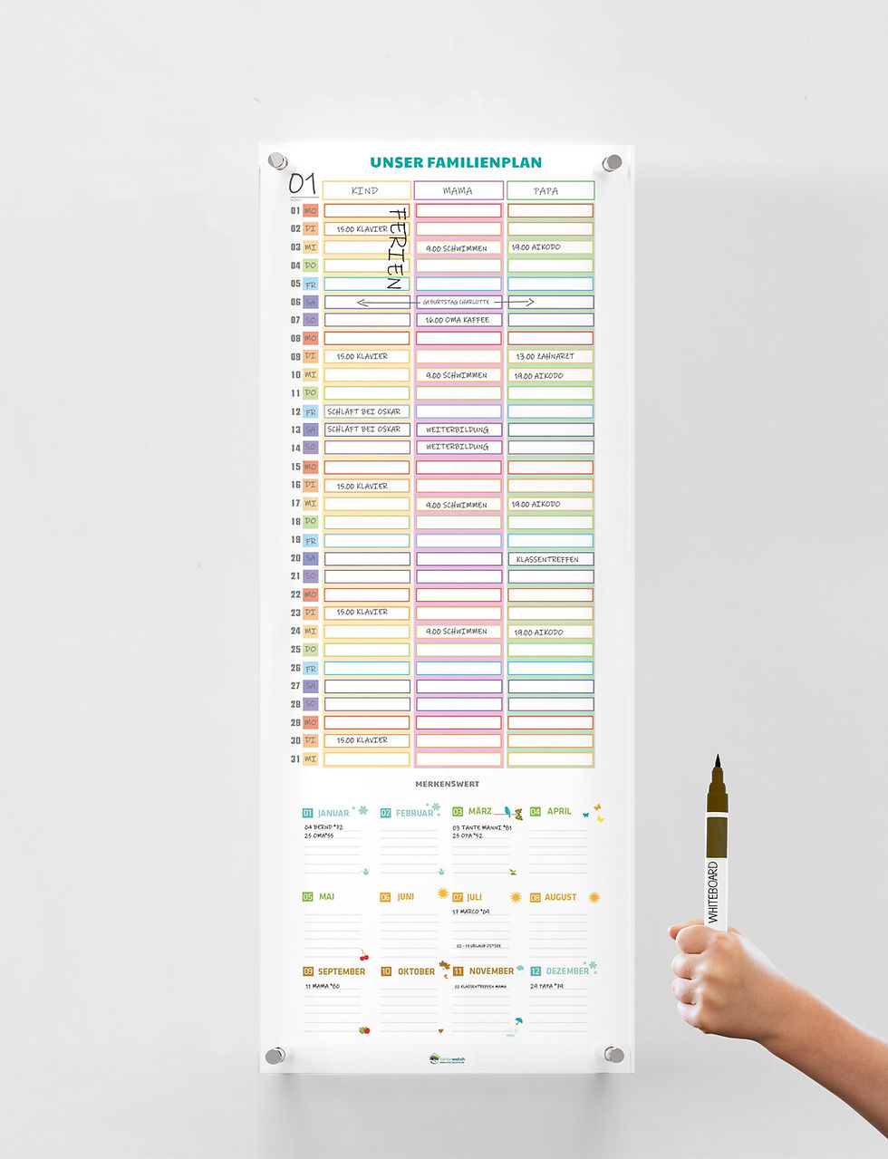 Miniaturbild: Großer Familienplaner aus Acryl, Größe 40x83 cm, mit fünf Spalten für Familienmitglieder. Whiteboard-Oberfläche zur flexiblen