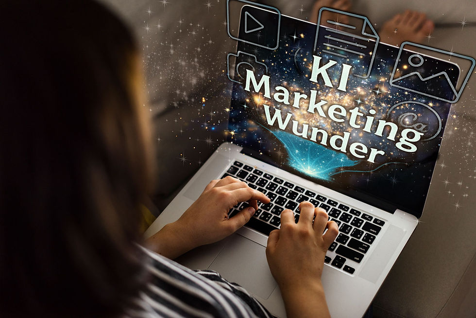 Person tippt auf einem Laptop. Über dem Bildschirm schwebt der Schriftzug „KI Marketing Wunder“ als leuchtende 3D-Schrift in einer funkelnden digitalen Wolke. Um die Schrift sind Icons für Medienformate eingeblendet (Video, Bild, Text). Die Szene vermittelt die Faszination und Möglichkeiten von KI im Marketing.