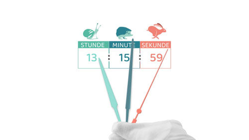 Die Infografik zeigt, die unterschiedlich gefärbten Zeiger der Uhr. Du kannst über den türkisen Schneckenzeiger (Stunden), den petrolfarbenen Igelzeiter (Minuten) oder den rosa Hasenzeiger (Sekunden) sprechen.