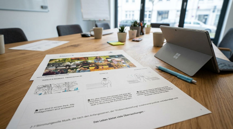 Blick auf einen Konferenztisch mit gedrucktem Storyboard - im Hintergrund steht ein Surface Laptop