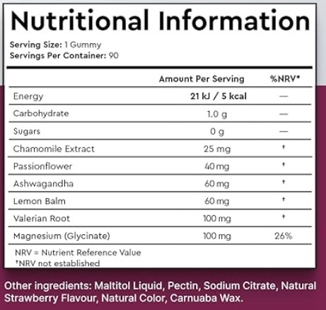 Nutritional Information for Easy Sleep Gummies for Adults – Magnesium Glycinate 100mg + Valerian Root, Ashwagandha & Lemon Balm – Sugar-Free Vegan Night-Time Gummies