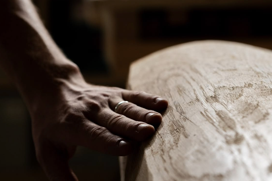 Artisan hand-finishing a textured furniture surface