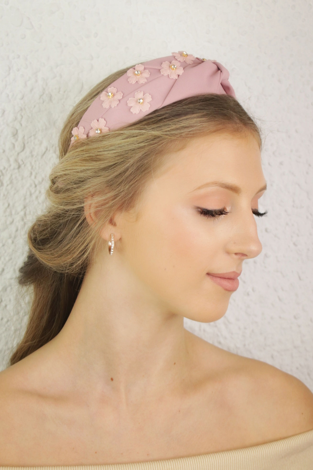 Diadema nudo flores rosa palo