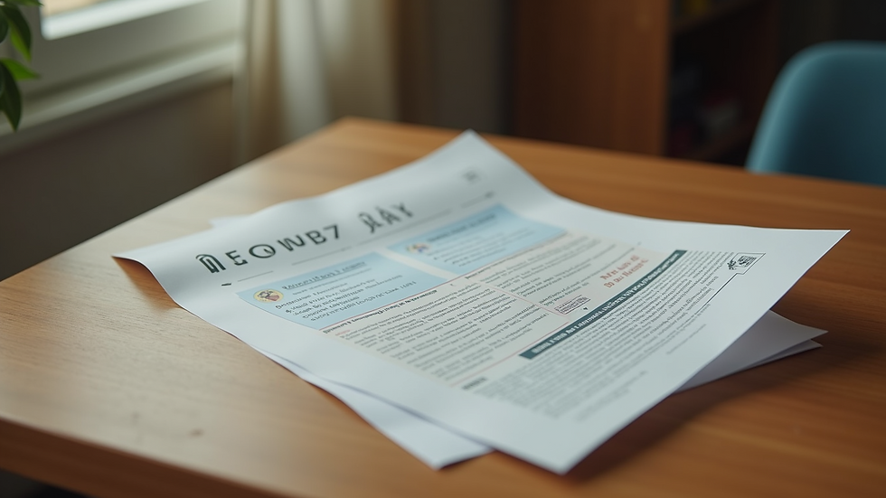 High angle view of a promotional flyer on a wooden table
