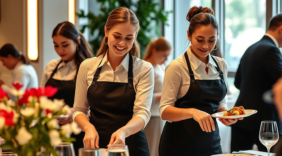 a team of female waiting staff serving a