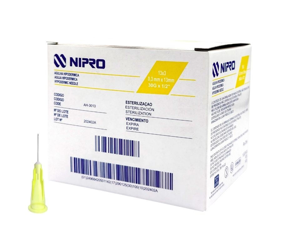 Aguja hipodermica Nipro de 30g x 13mm amarilla c/100 pzas.