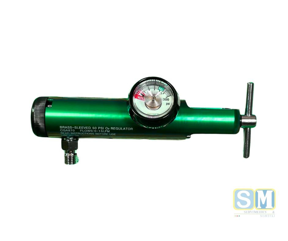 Regulador para tanque de oxígeno con manómetro y control de flujo largo para oxigenoterapia.