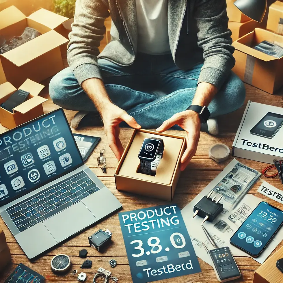 Eine Person testet ein neues elektronisches Gerät zu Hause, um schnell Geld zu verdienen, umgeben von Produktverpackungen und einem Laptop, auf dem eine Produkt-Testplattform wie Testerheld oder Testbirds angezeigt wird.