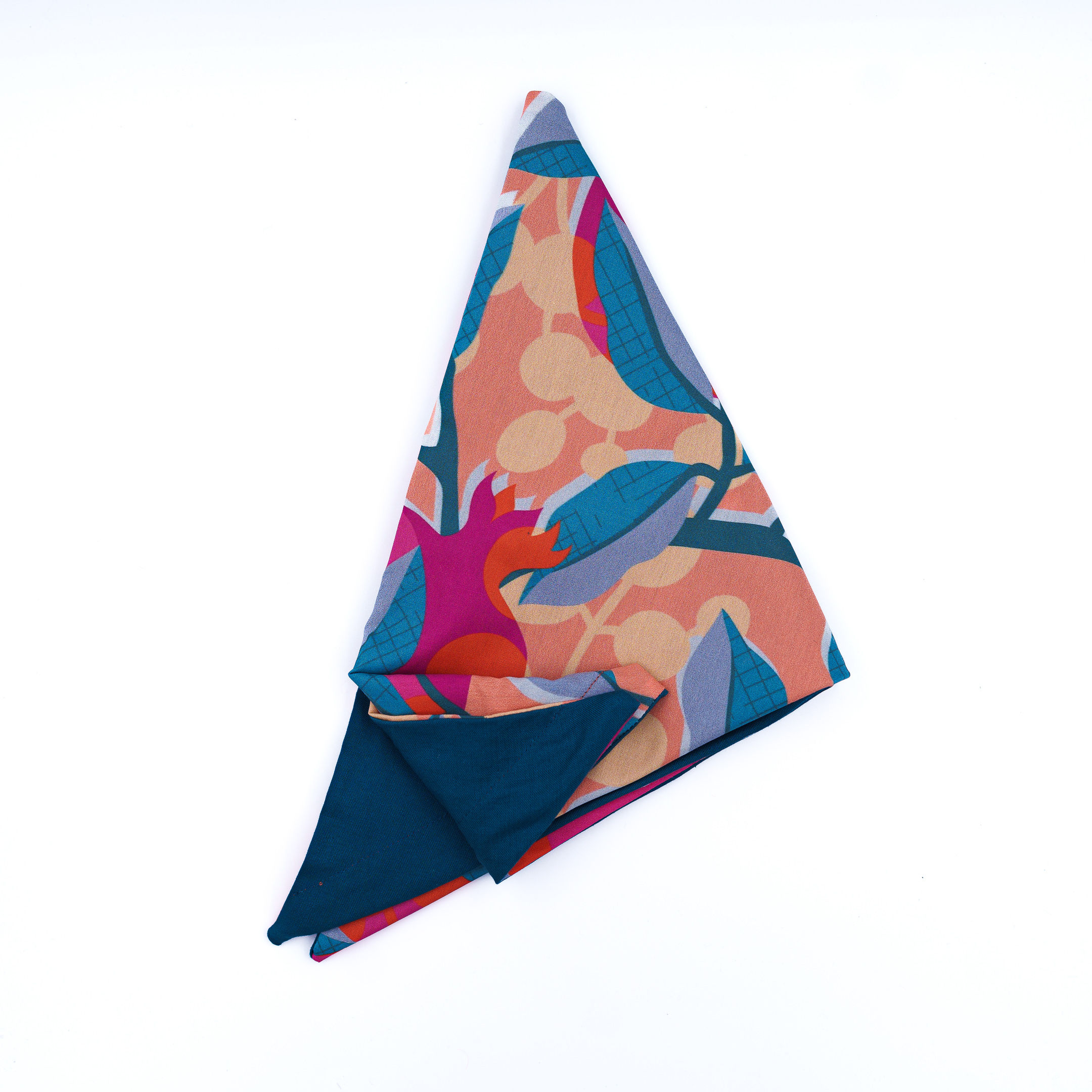 Turban réversible motif grenade et uni bleu paon