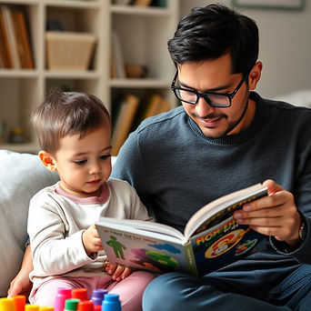 A parent and child reading together or doing a creative activity (e.g., painting, counting