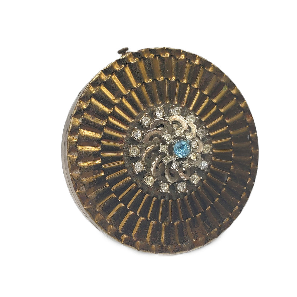 Thumbnail: Vintage Round Gold Sunburst Compact Blue Rhinestone Jeweled Art Deco Mirror