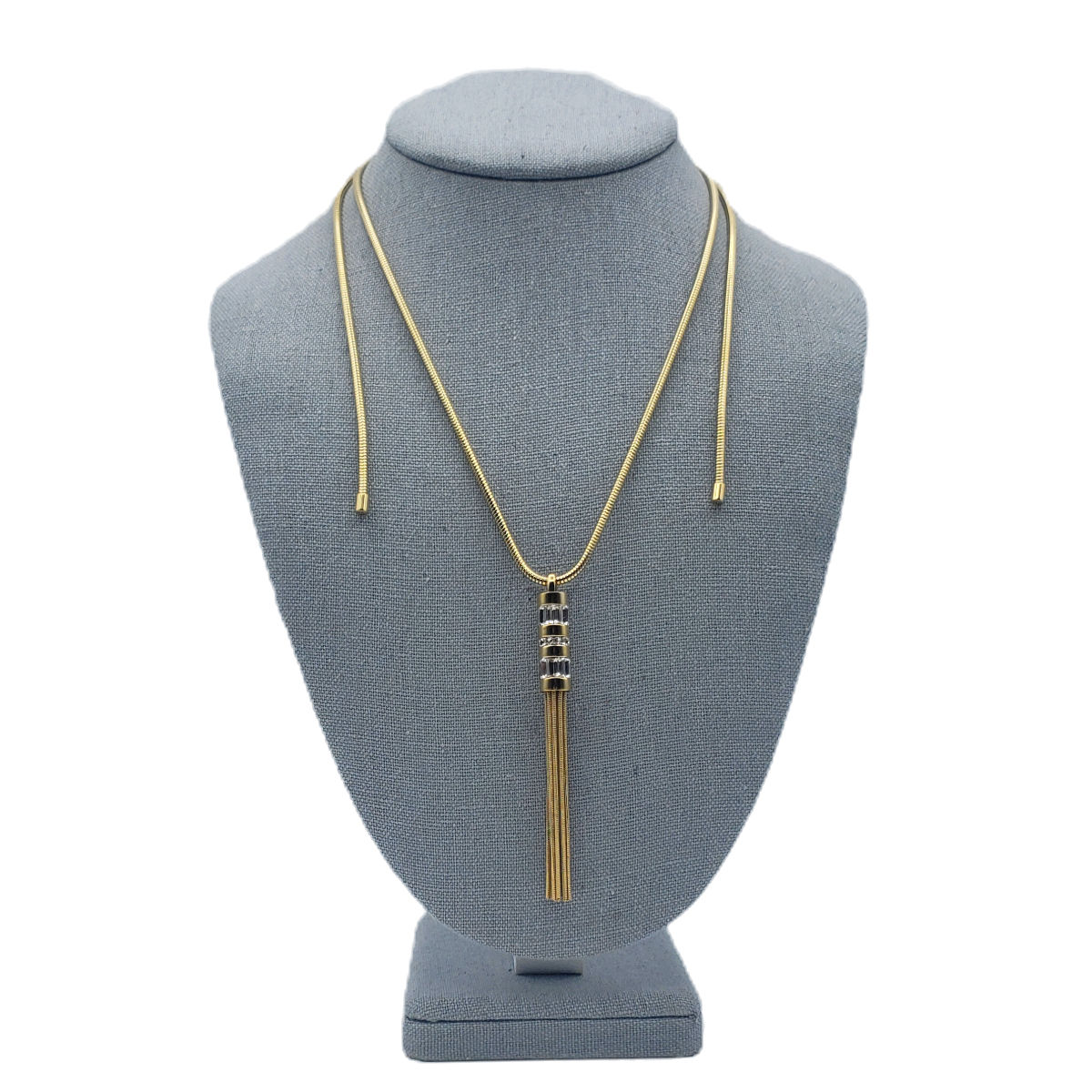 Michael Kors Baugette Rhinestone Tassel Lariat Slider Necklace