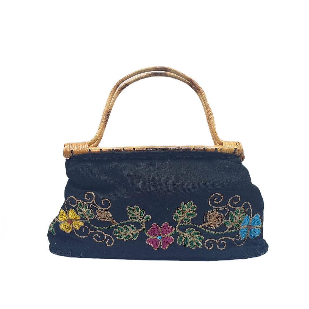 Vintage Embroidered Jute and Bamboo Bag