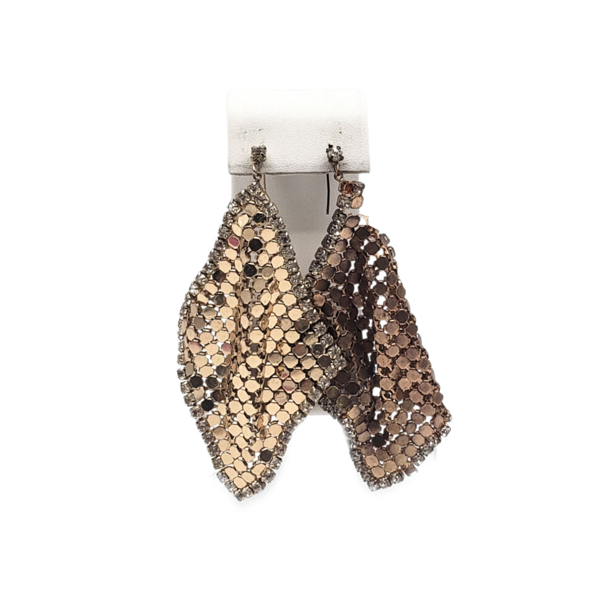 Vintage 1970s Disco Glam Gold Mesh Rhinestone Drop Dangle Earrings 3"