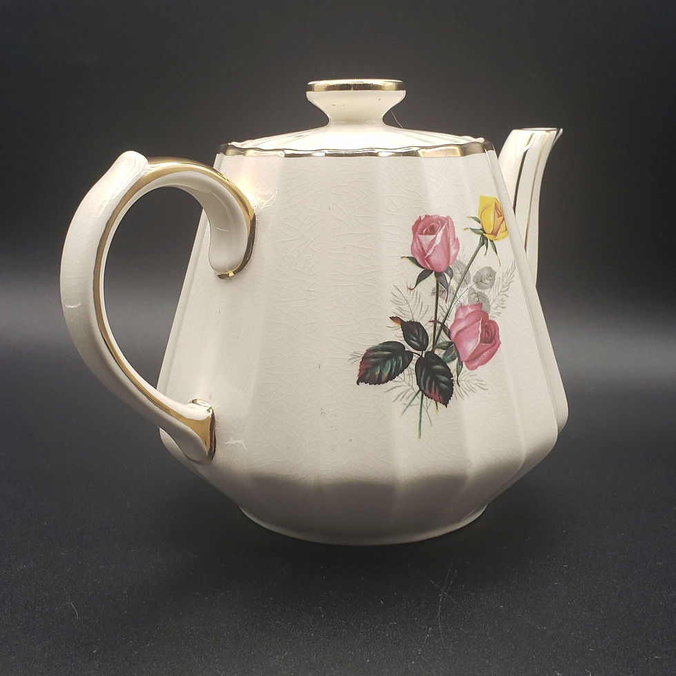 Thumbnail: Vintage Sadler Made in England Teapot Fluted Ribbed Pink Yellow Roses Gold Trim