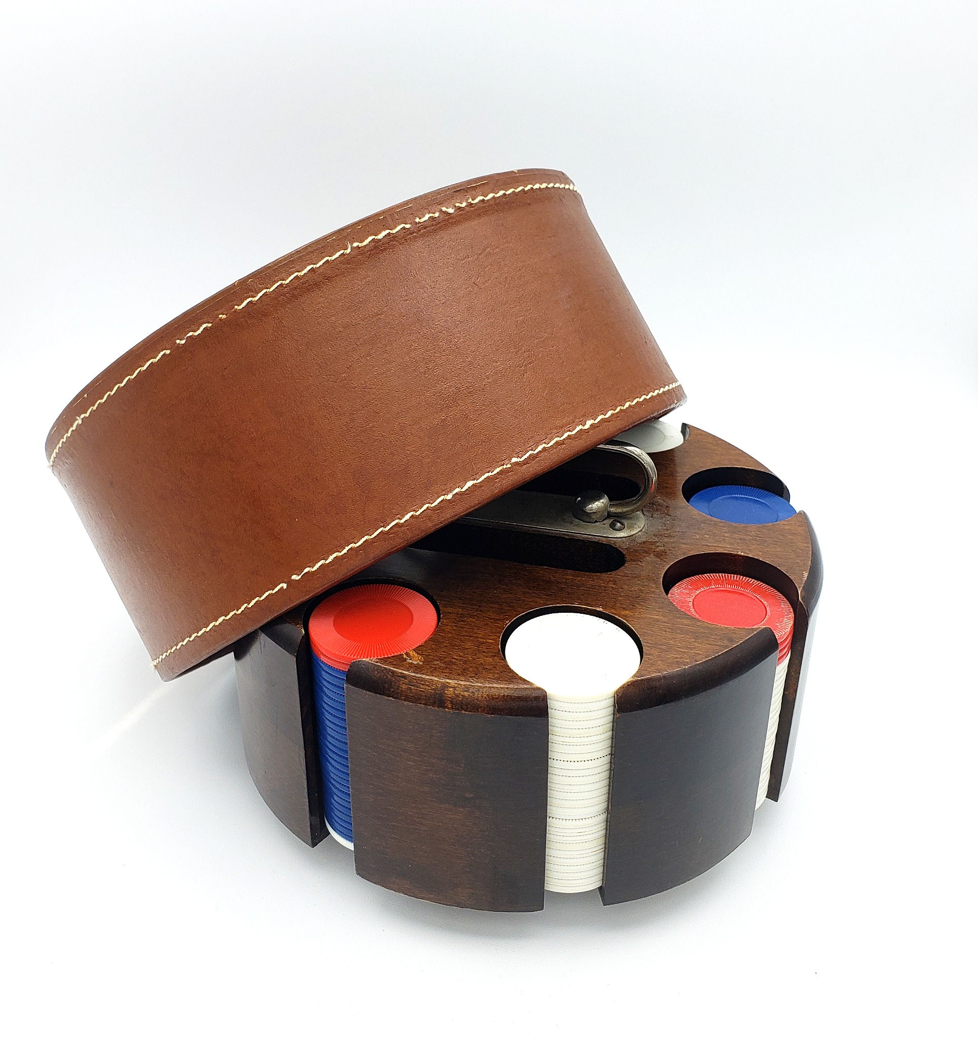 Vintage Pattberg Poker chip caddy in polished brown wood with leather bound cover