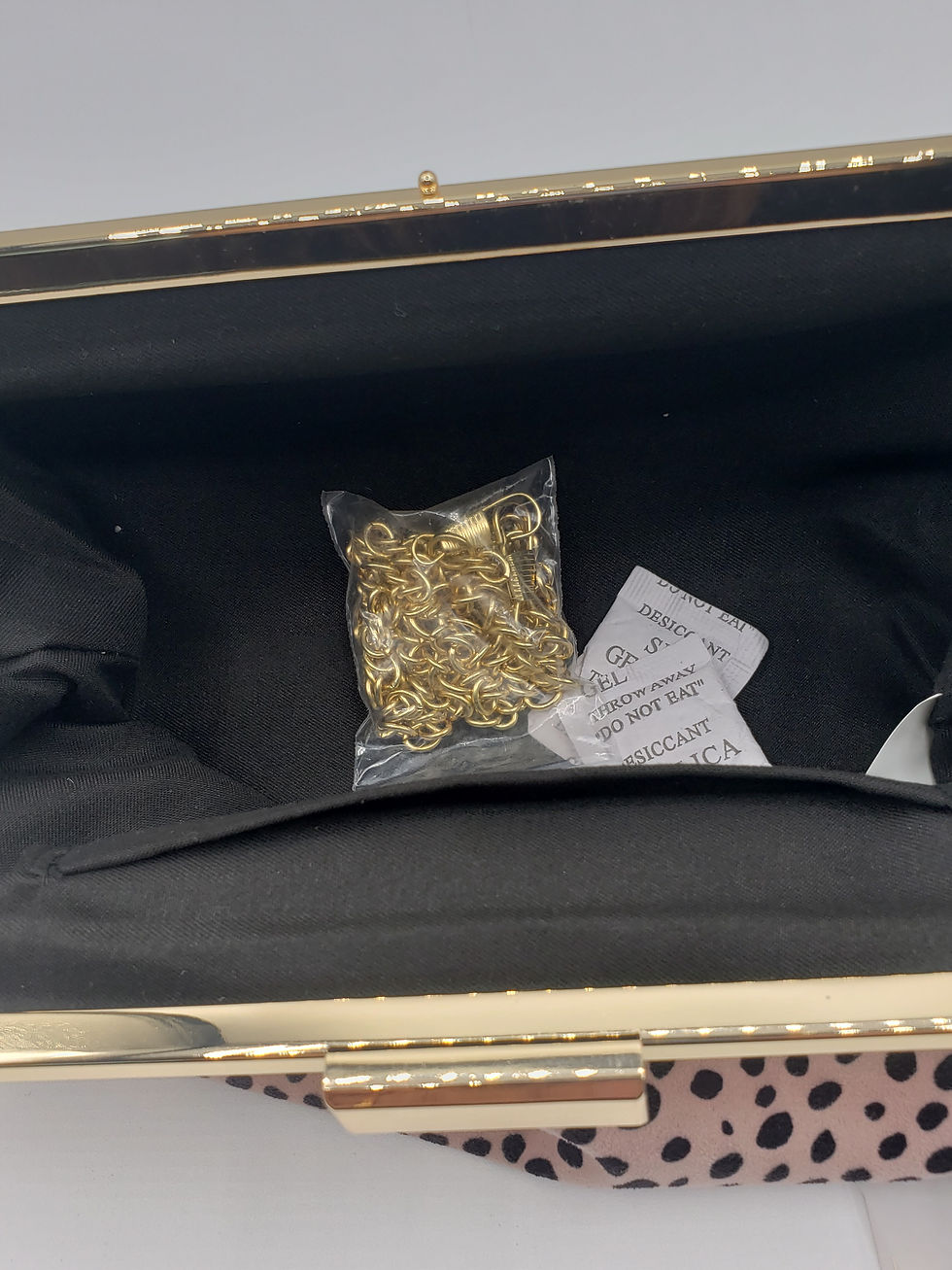 Thumbnail: New with tags pink and black Shiraleah animal print clutch handbag with gold clasp closure interior view