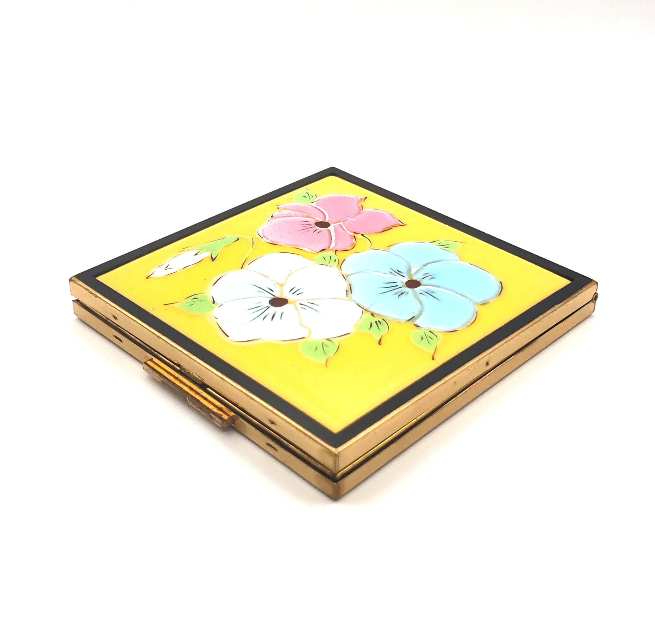 Vintage Elgin American Mirrored Powder Compact with floral enamel cover top view