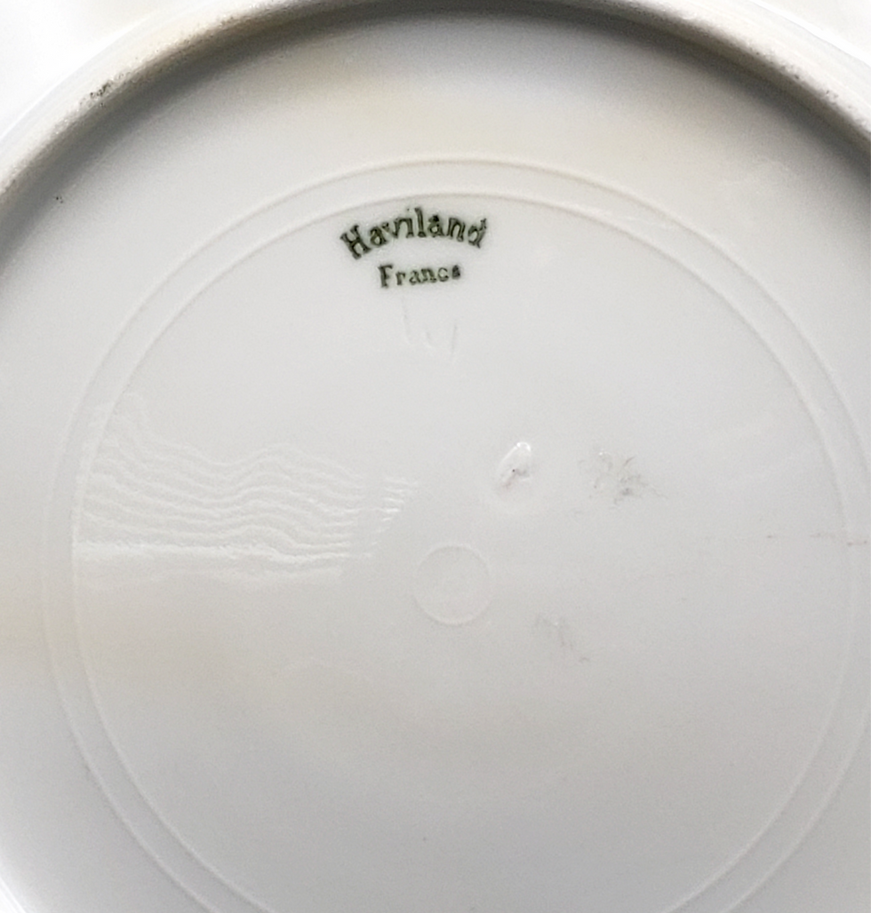 Thumbnail: Vintage Haviland France porcelain hand painted rose floral dish with scalloped edge and gold trim backside marking