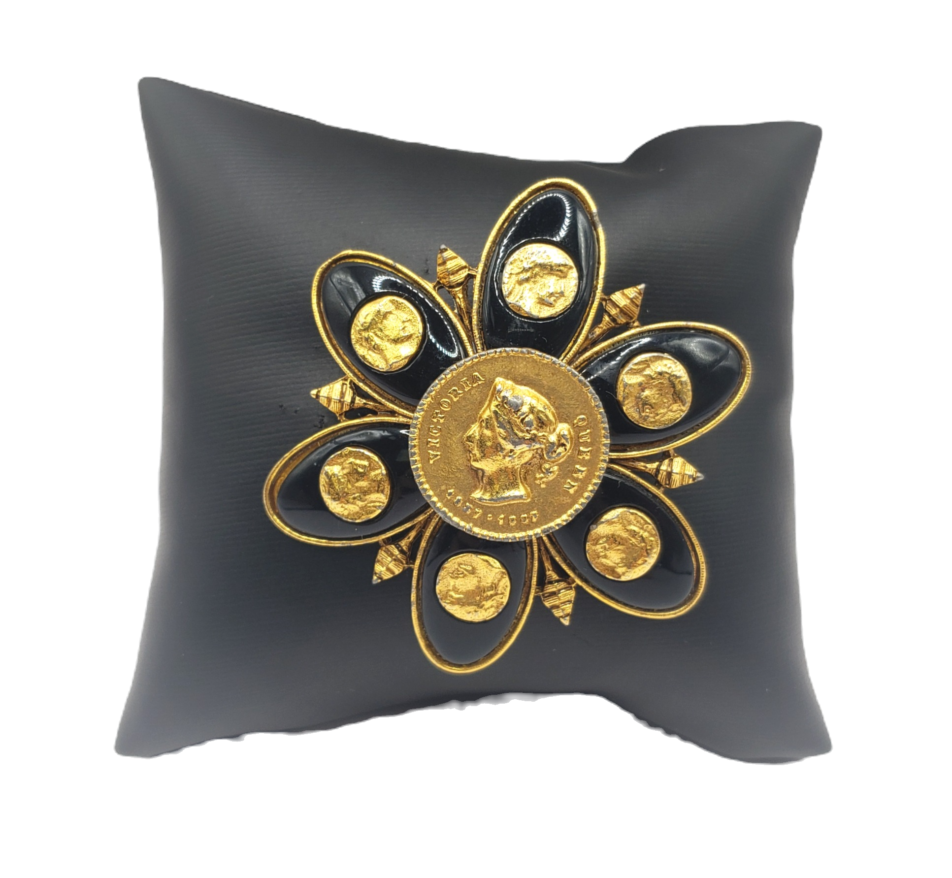 Vintage Queen Victoria Black Gold Coin Brooch