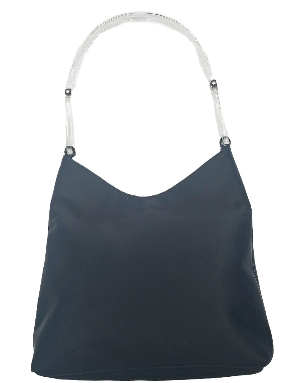 Thumbnail: Vintage Bebe Black Satin Evening Bag with clear lucite shoulder strap back view