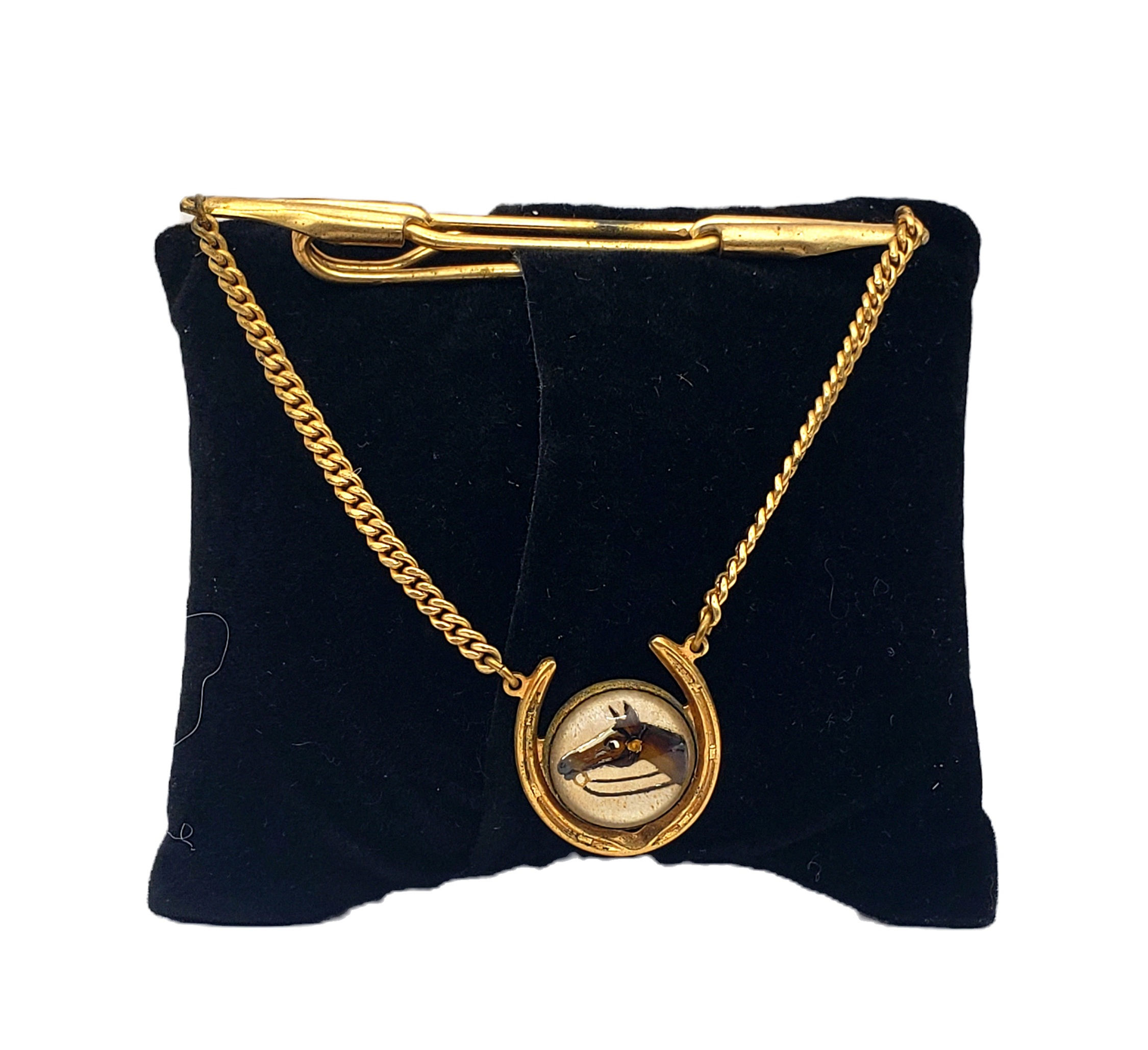 Vintage Horseshoe Silhouette Horse Head Tie Clip with gold chain