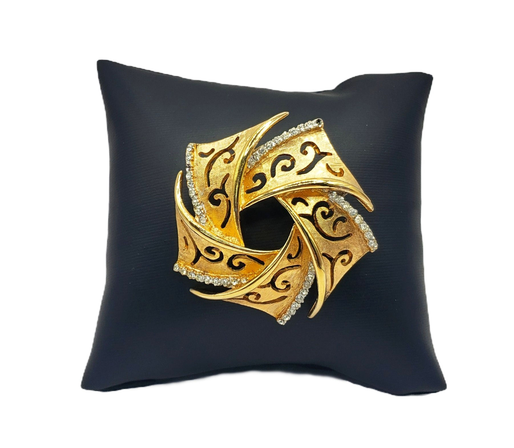 Vintage BSK Gold Tone & Rhinestone Swirl Brooch