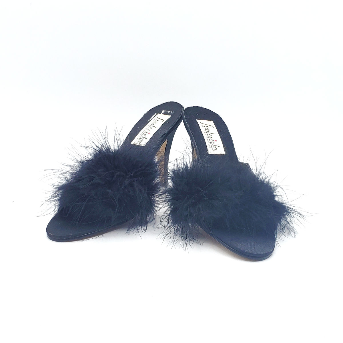 Vintage Fredericks of Hollywood Black Marabou Feather Boudoir Heel Mules