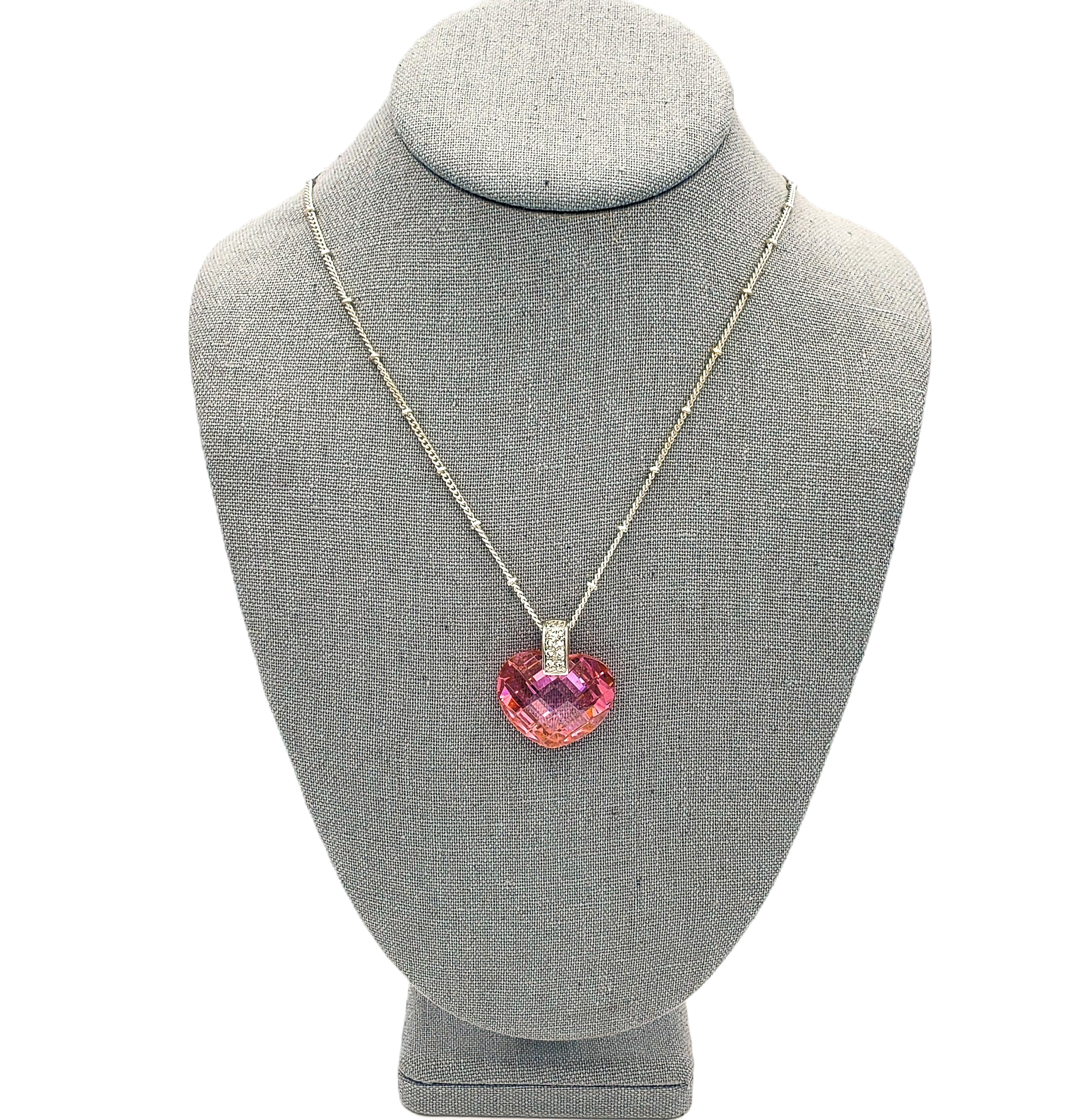 Faceted Crystal Pink Heart Pendant Necklace on Silver Chain