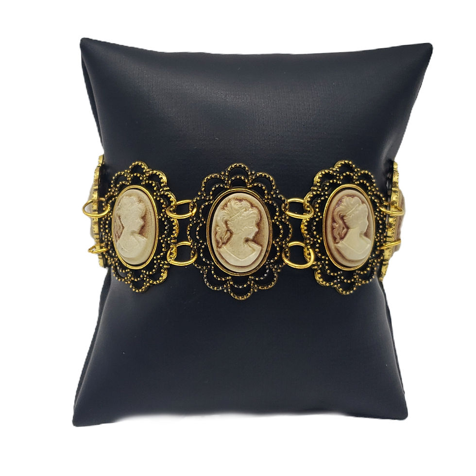 Thumbnail: Vintage Gold Tone Multi Cameo Filigree Panel Adjustable Link Bracelet