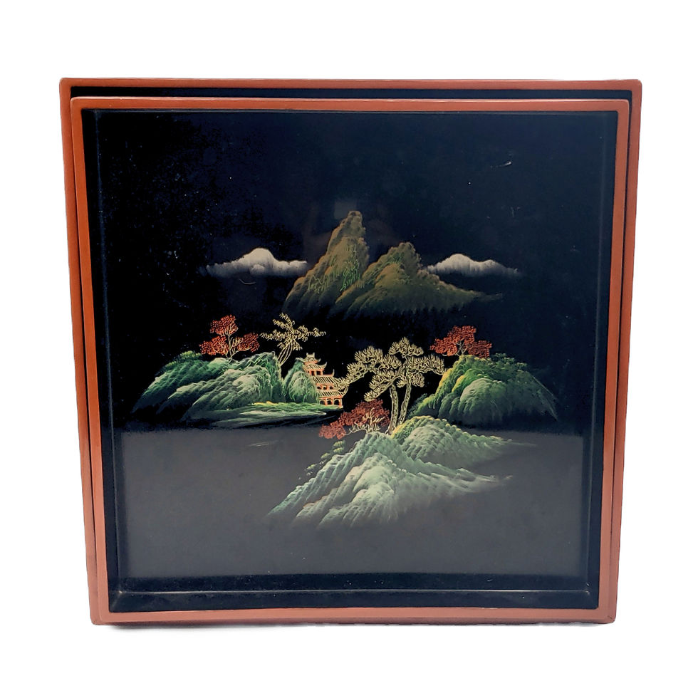 Thumbnail: Vintage Fuzhou Flying Horse Black Lacquer Nesting Trays Hand Painted Set