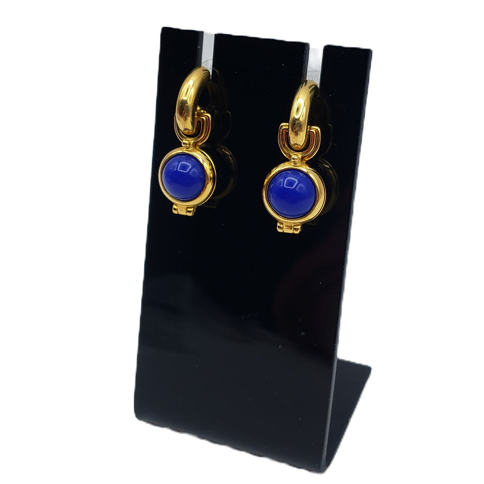 Thumbnail: Vintage Joan Rivers Gold Blue Cabochon J Hoop Drop Post Earrings