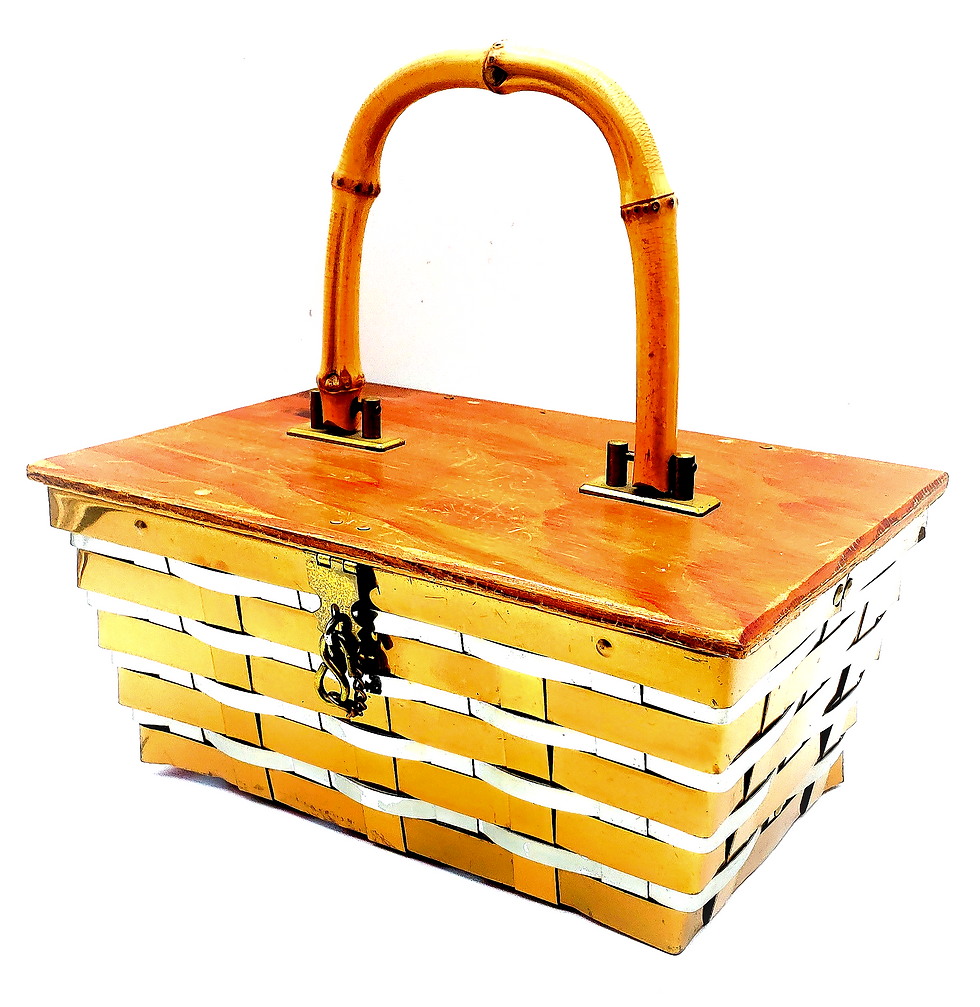 Vintage gold Metal silver Chrome basket weave box purse with wood lid and carved bamboo handle and red fabric lining side vie