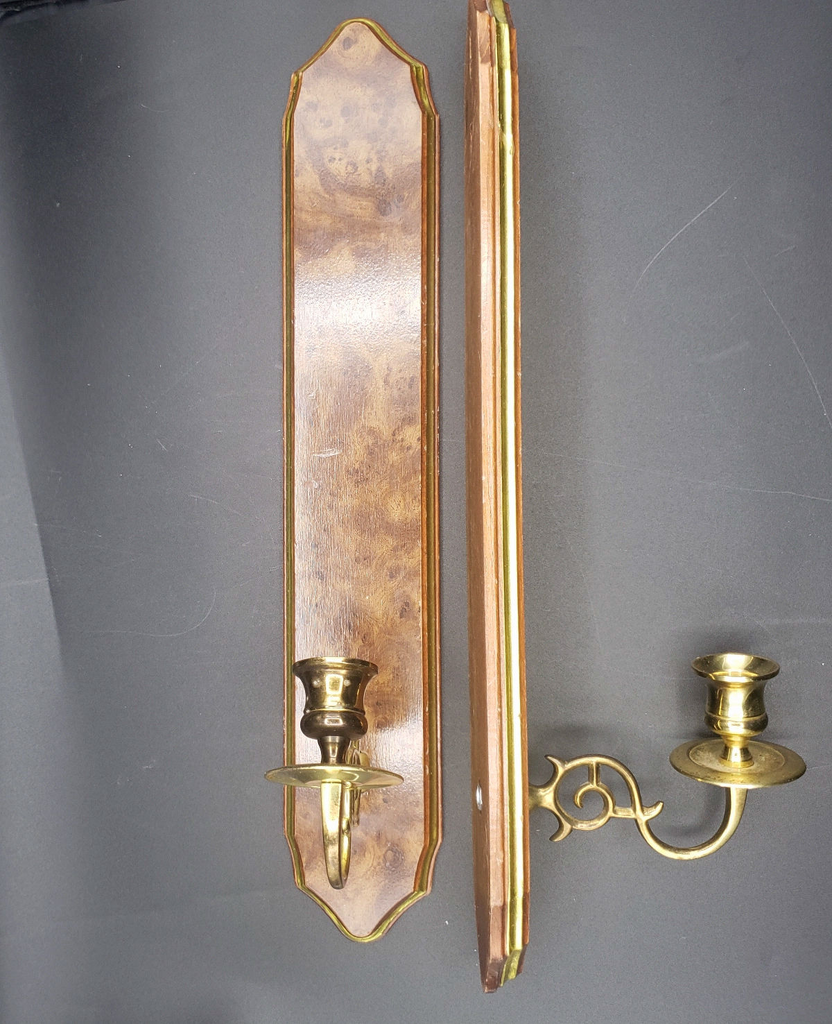 Vtg MCM 1970s Faux Burl Wood Wall Sconces Brass Candle Holders Set