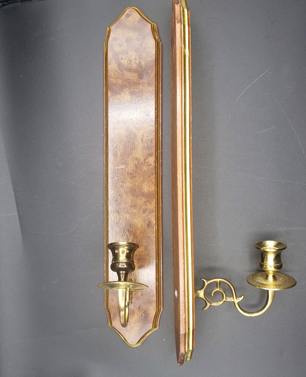 Vtg MCM 1970s Faux Burl Wood Wall Sconces Brass Candle Holders Set